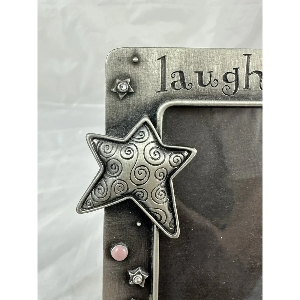 Fetco Picture Frame 4X6 Silver Laugh Out Loud Metal Heart Star Pink Blue Jeweled